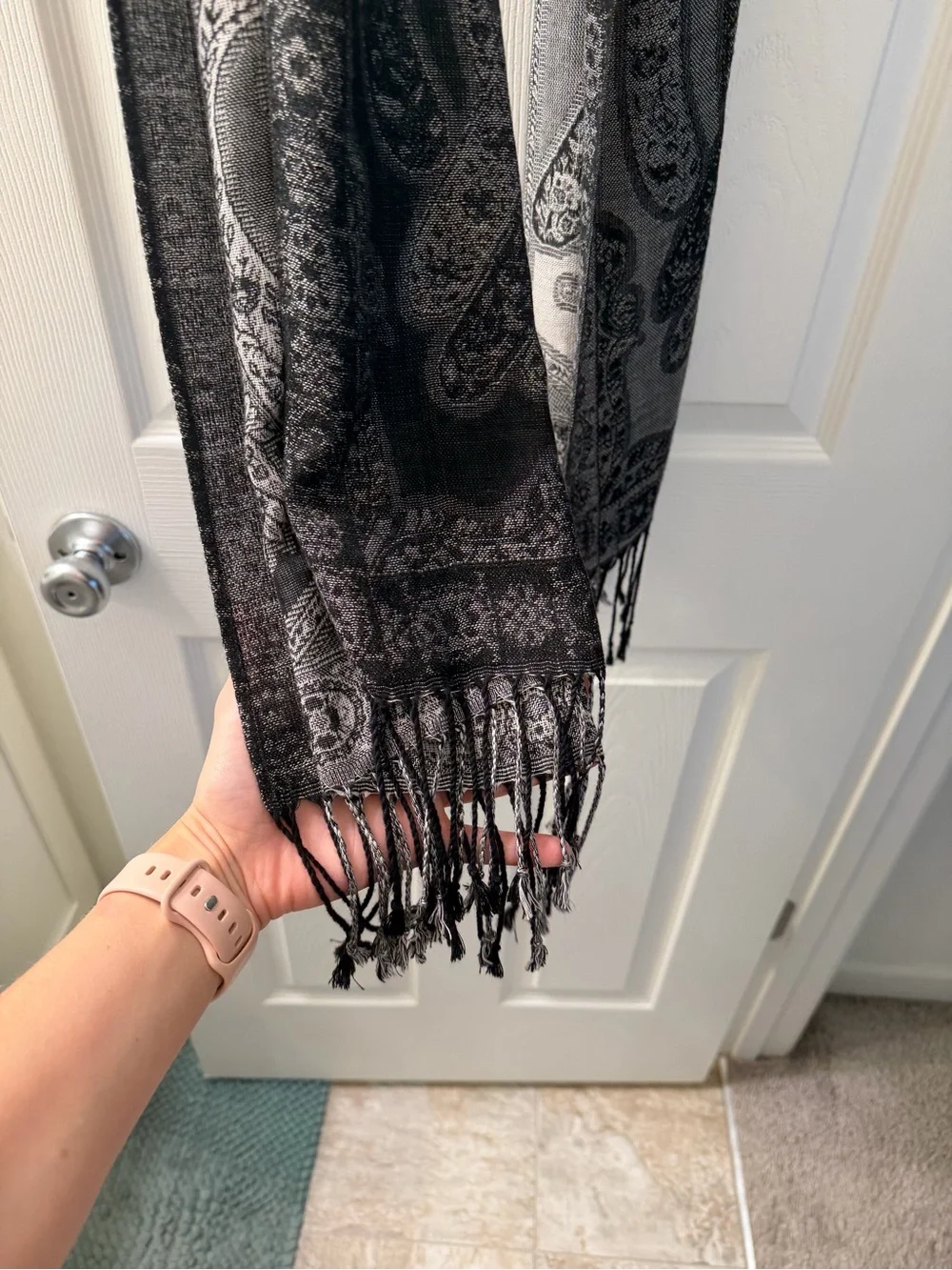 Black & Gray Paisley Fringe Scarf